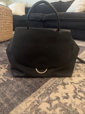 Loeffler Randall Black Pebble Leather Carina Twisted Ring Tote Satchel.